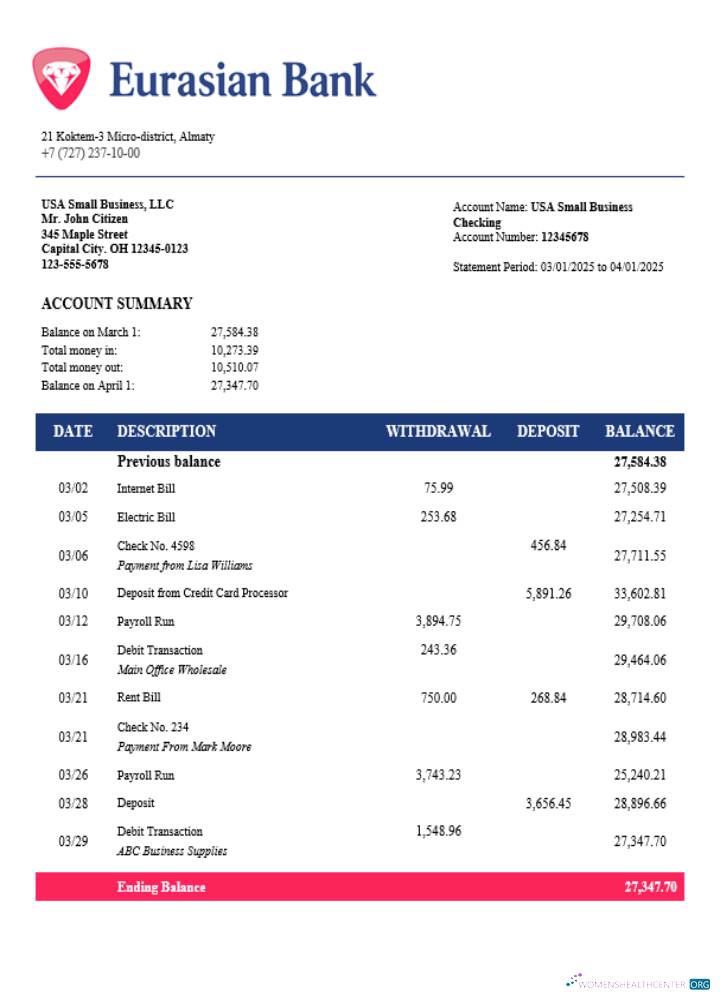 Download Eurasian Bank business bank statement Word and PDF format Photoshop template